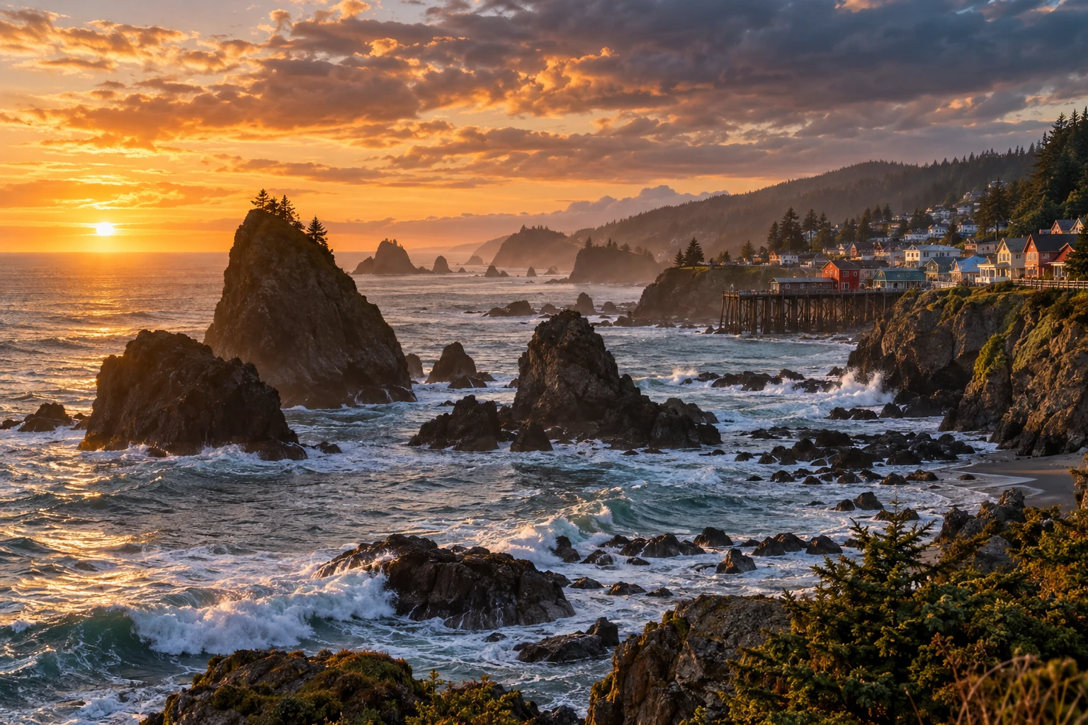 A colorful seaside town on a rugged coast at golden hour