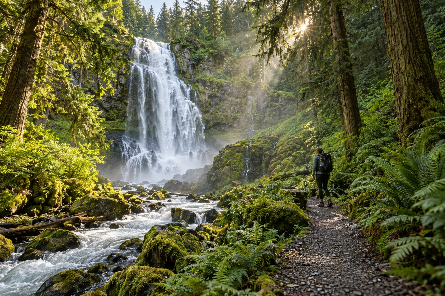 A mossy waterfall cascading through a lush Pacific Northwest rainforest