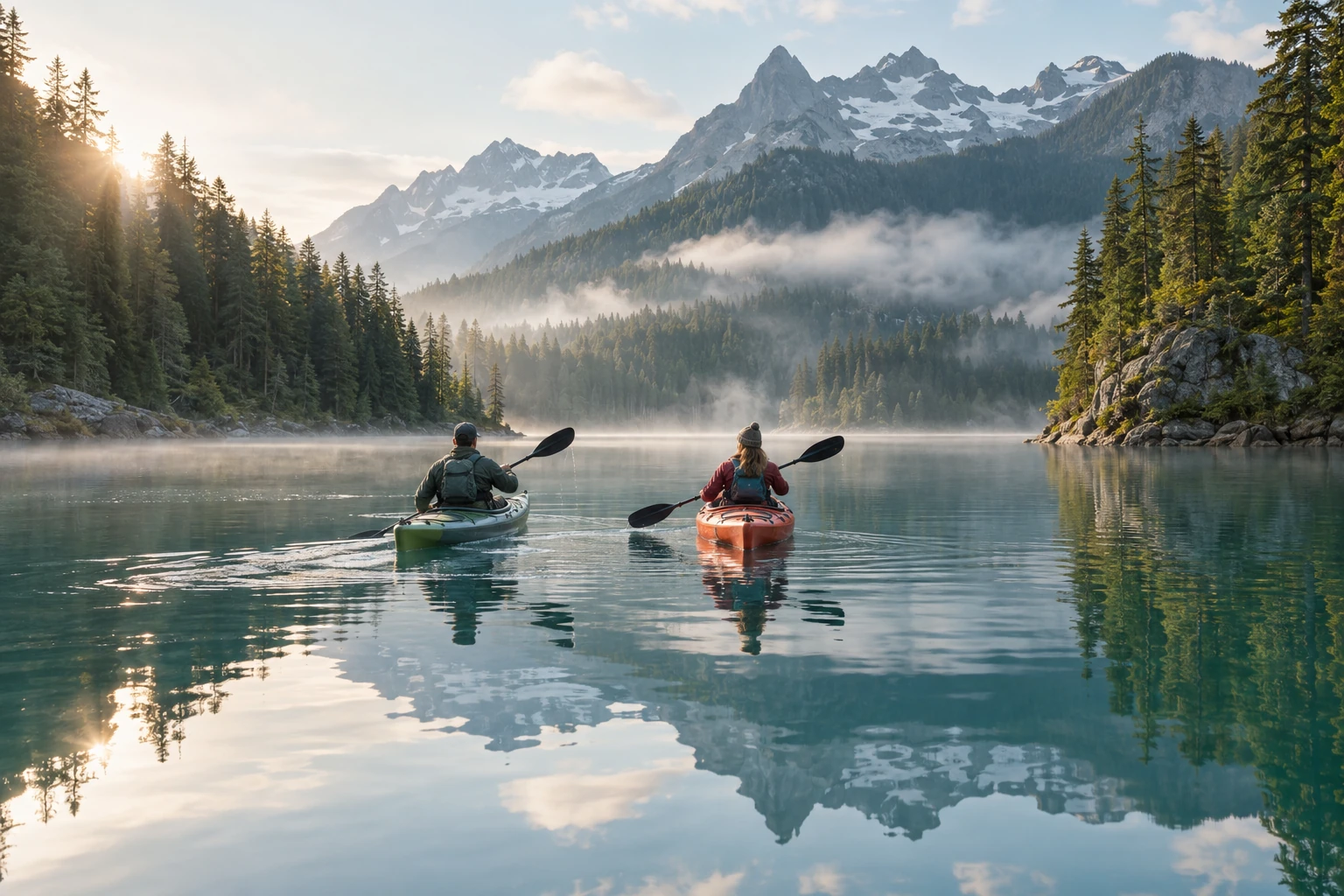 Two kayakers on a calm emerald mountain lake