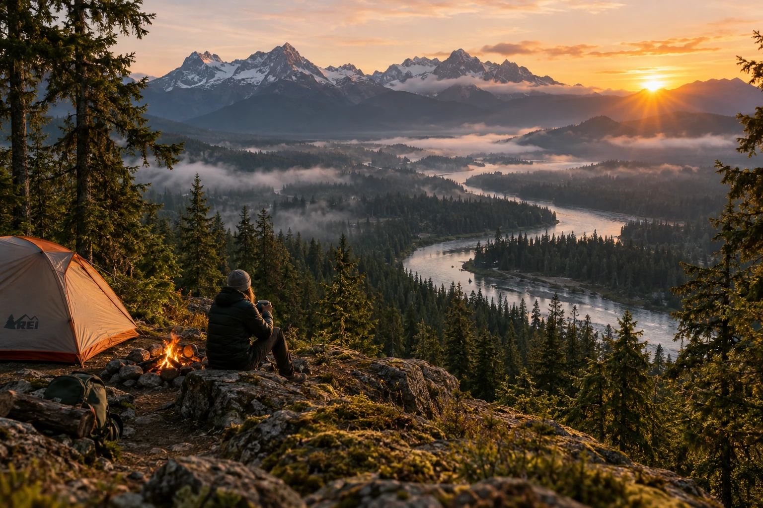 A campsite beside a winding river in evergreen forest